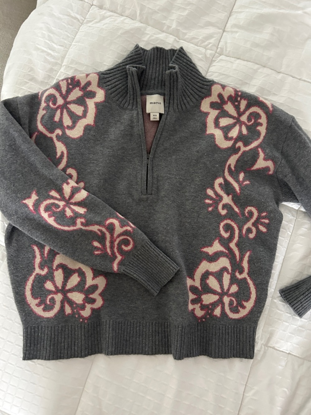 Anthropologie Maeve Charcoal Gray Half-Zip Sweater with Pink Floral Motif